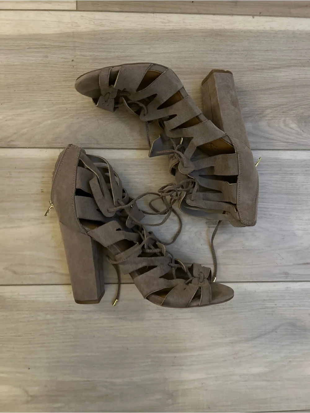 Women’s Taupe Suede Lace-Up Block Heel Sandals